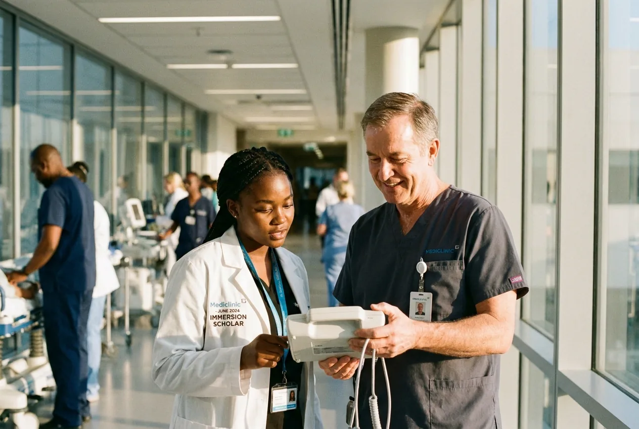 A scholar with a healthcare worker in a hospital corridor