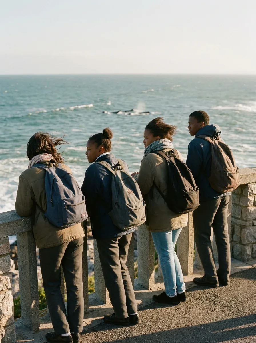 Scholars at a coastal railing in Hermanus watching a whale surface offshore