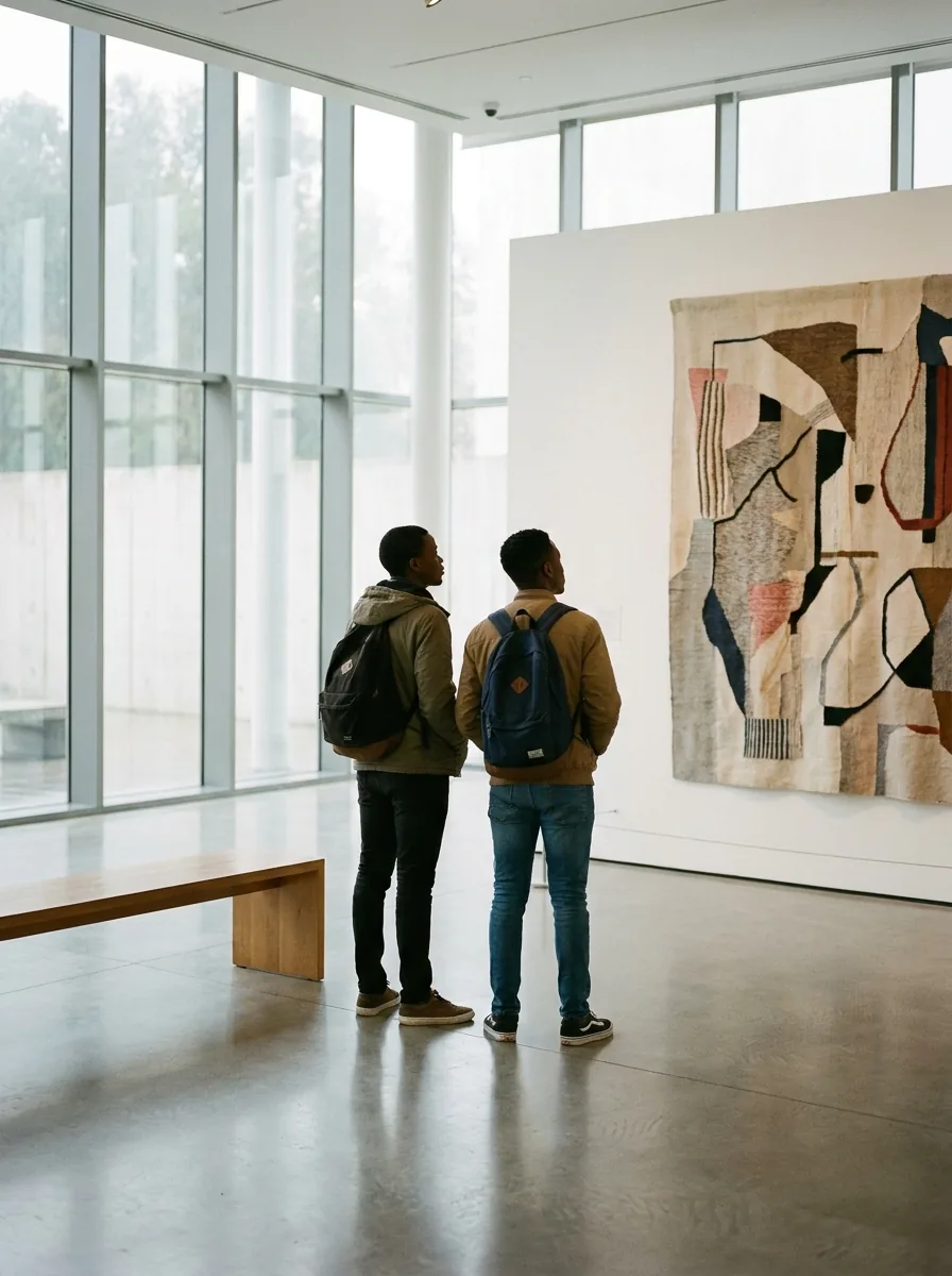 Two scholars studying a tapestry in a sunlit gallery at the Norval Foundation