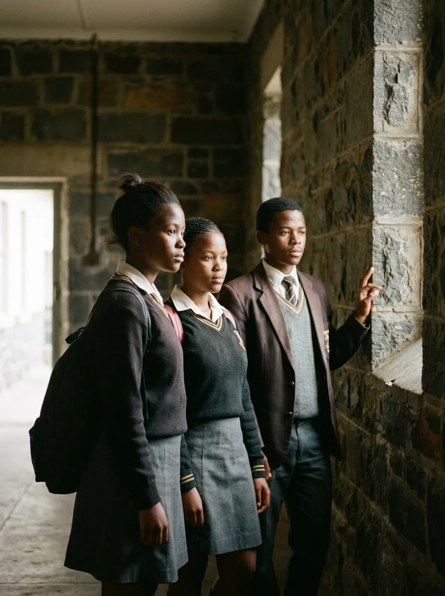 Three uniformed scholars walking the stone corridors of Robben Island