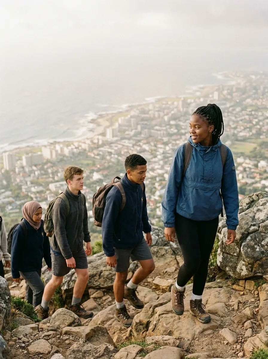 Scholars hiking down a Table Mountain trail with Cape Town and the bay below